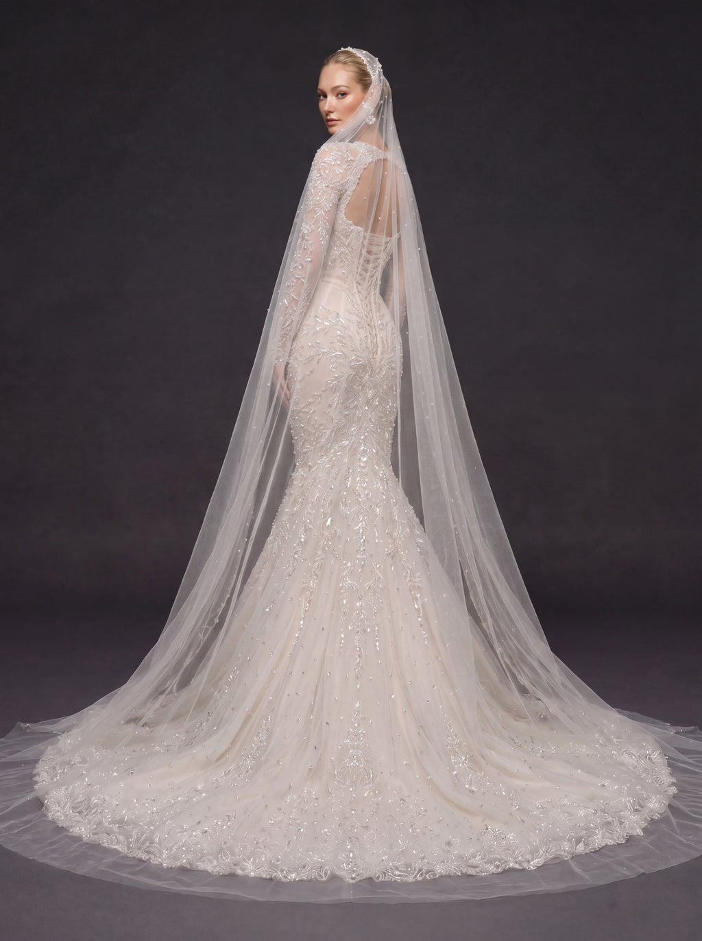Long Sleeve Illusion Corset Bridal Dress with Cathedral Veil – Ivory Crystal Embellished Mermaid Wedding Gown