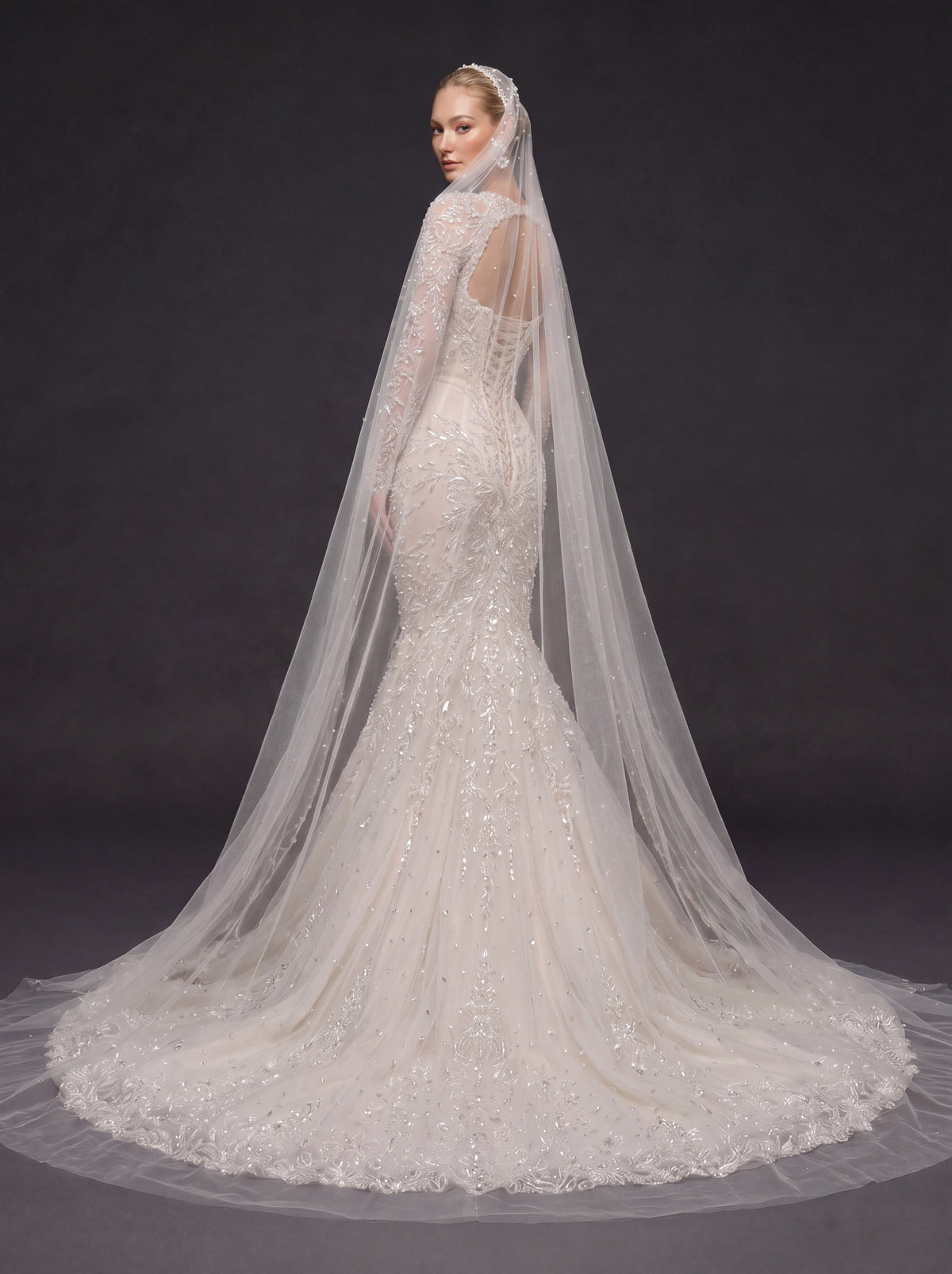 Long Sleeve Illusion Corset Bridal Dress with Cathedral Veil – Ivory Crystal Embellished Mermaid Wedding Gown