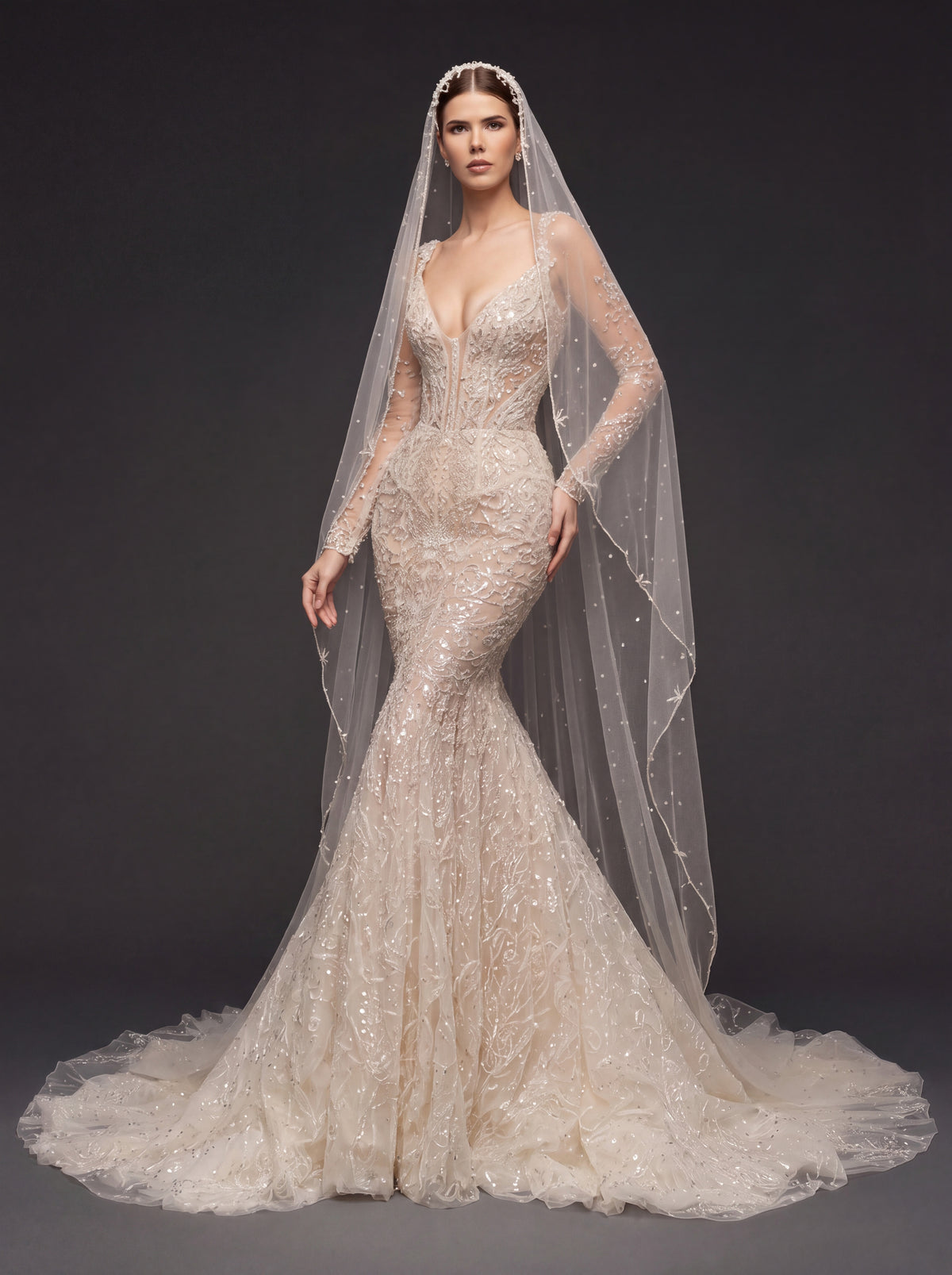 Illusion Corset Bridal Dress with Long Sleeves & Cathedral Veil – Ivory Beaded Mermaid Wedding Gown