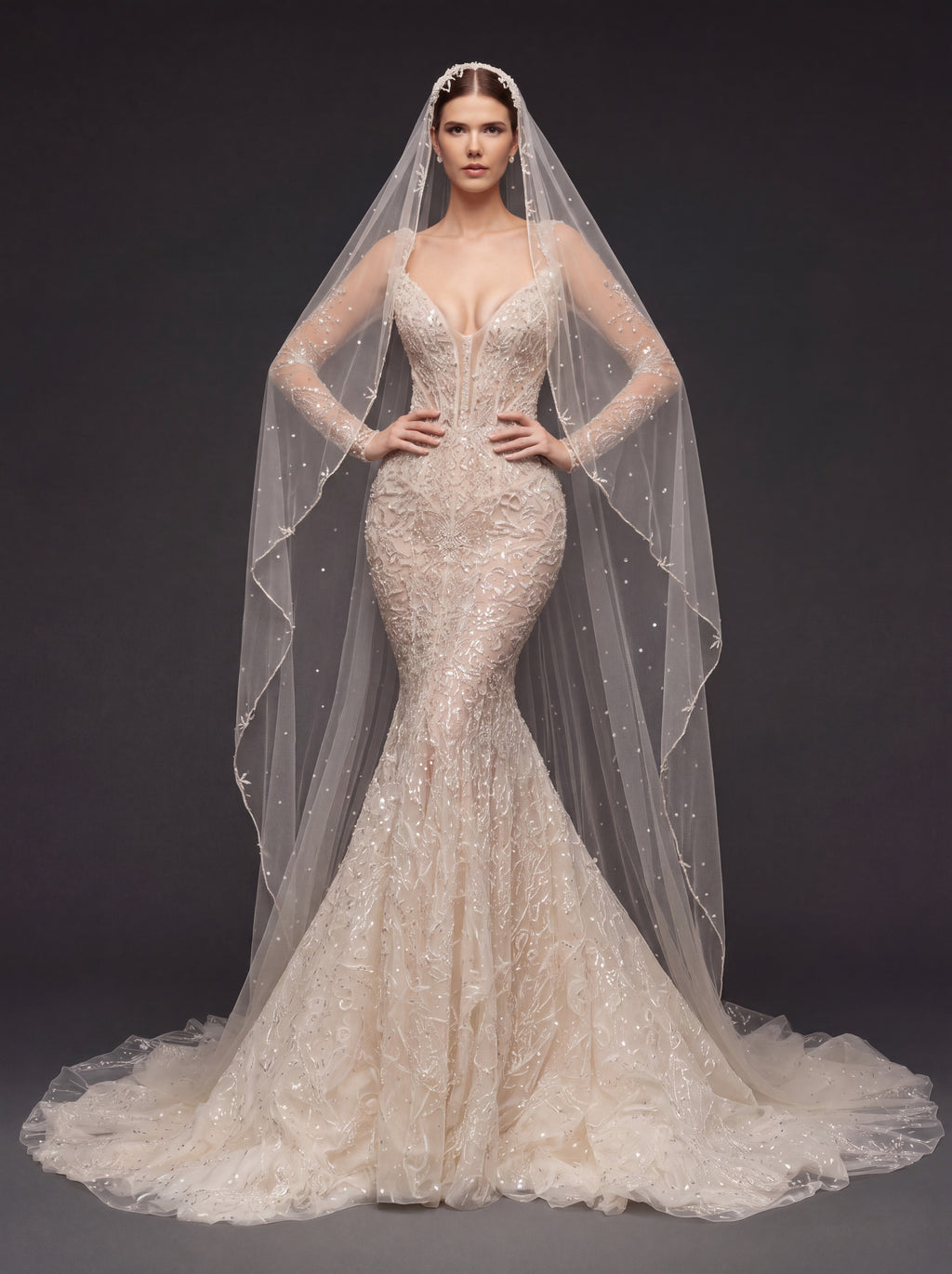 Illusion Corset Bridal Dress with Long Sleeves & Cathedral Veil – Ivory Beaded Mermaid Wedding Gown