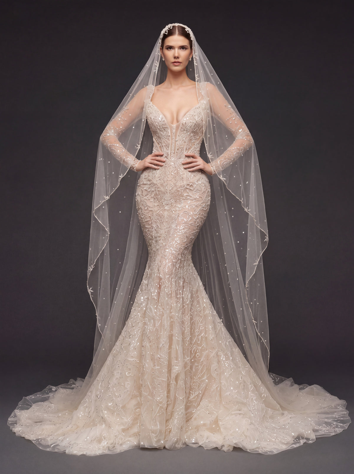 Illusion Corset Bridal Dress with Long Sleeves & Cathedral Veil – Ivory Beaded Mermaid Wedding Gown