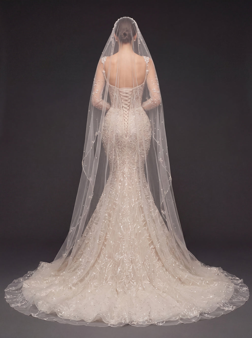 Illusion Corset Bridal Dress with Long Sleeves & Cathedral Veil – Ivory Beaded Mermaid Wedding Gown