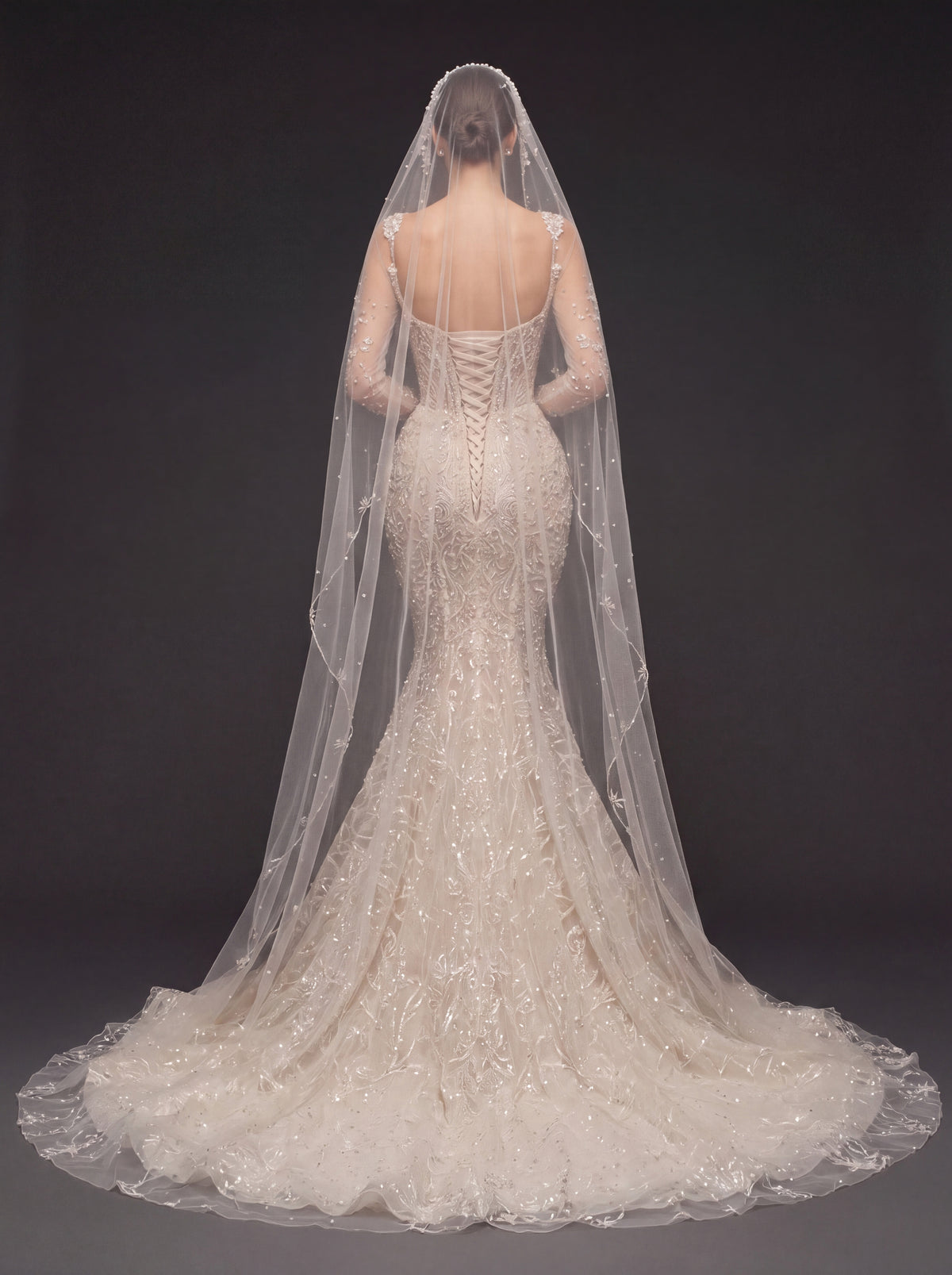 Illusion Corset Bridal Dress with Long Sleeves & Cathedral Veil – Ivory Beaded Mermaid Wedding Gown