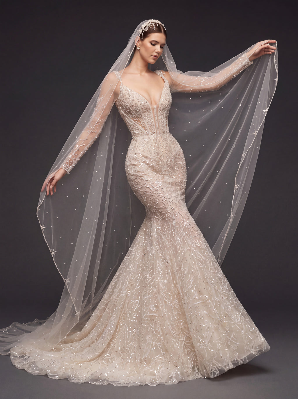Illusion Corset Bridal Dress with Long Sleeves & Cathedral Veil – Ivory Beaded Mermaid Wedding Gown