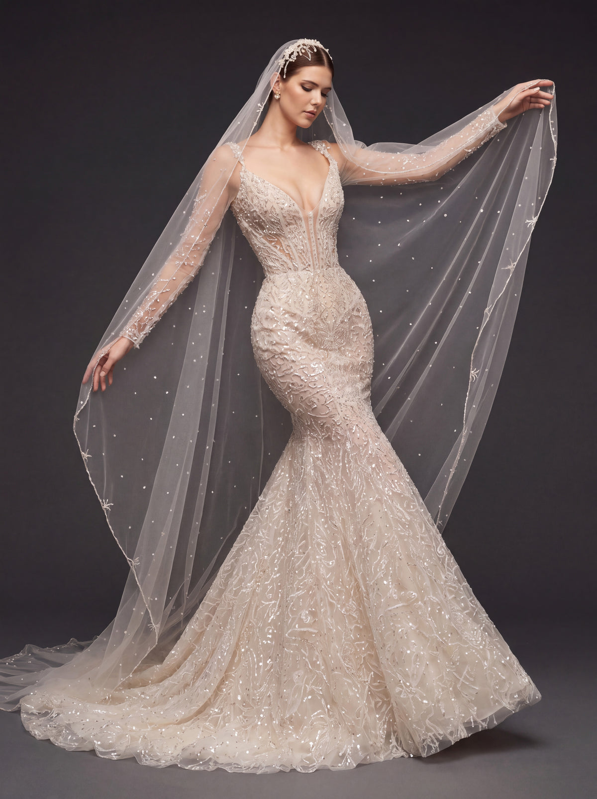 Illusion Corset Bridal Dress with Long Sleeves & Cathedral Veil – Ivory Beaded Mermaid Wedding Gown