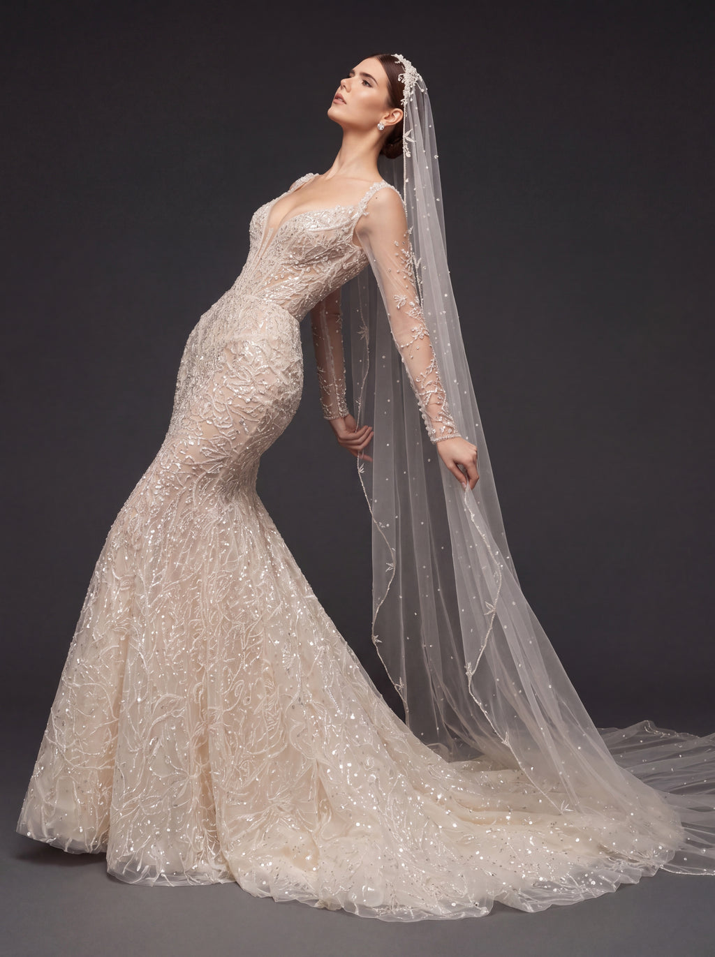 Illusion Corset Bridal Dress with Long Sleeves & Cathedral Veil – Ivory Beaded Mermaid Wedding Gown
