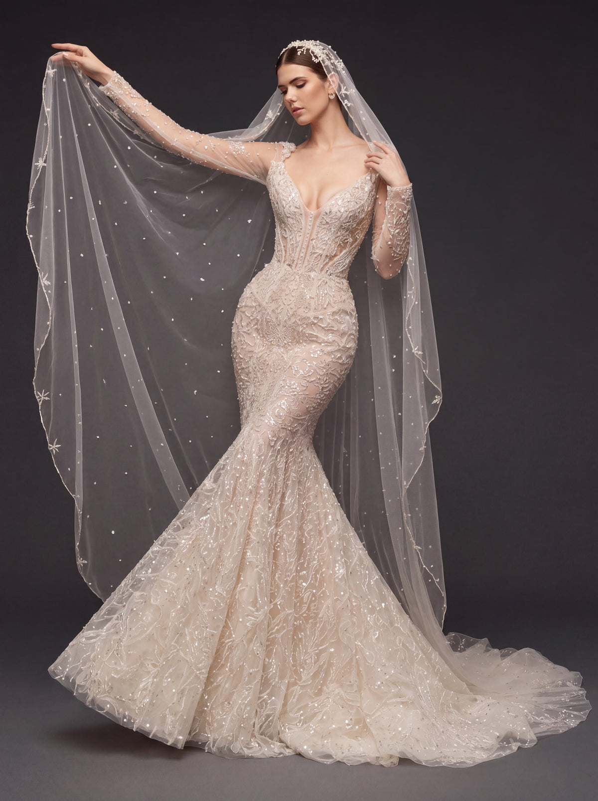 Illusion Corset Bridal Dress with Long Sleeves & Cathedral Veil – Ivory Beaded Mermaid Wedding Gown
