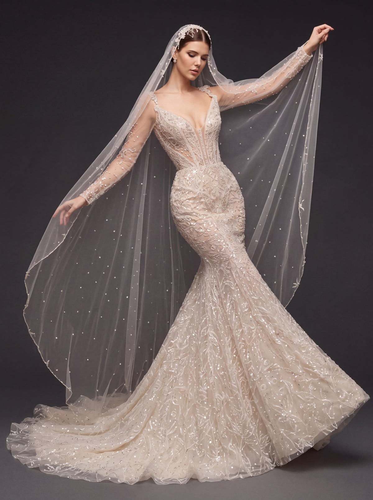 Illusion Corset Bridal Dress with Long Sleeves & Cathedral Veil – Ivory Beaded Mermaid Wedding Gown