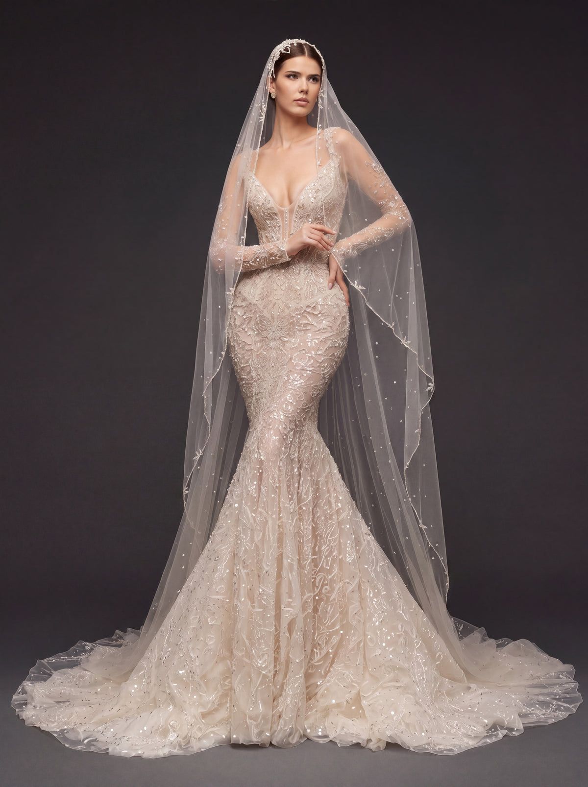 Illusion Corset Bridal Dress with Long Sleeves & Cathedral Veil – Ivory Beaded Mermaid Wedding Gown