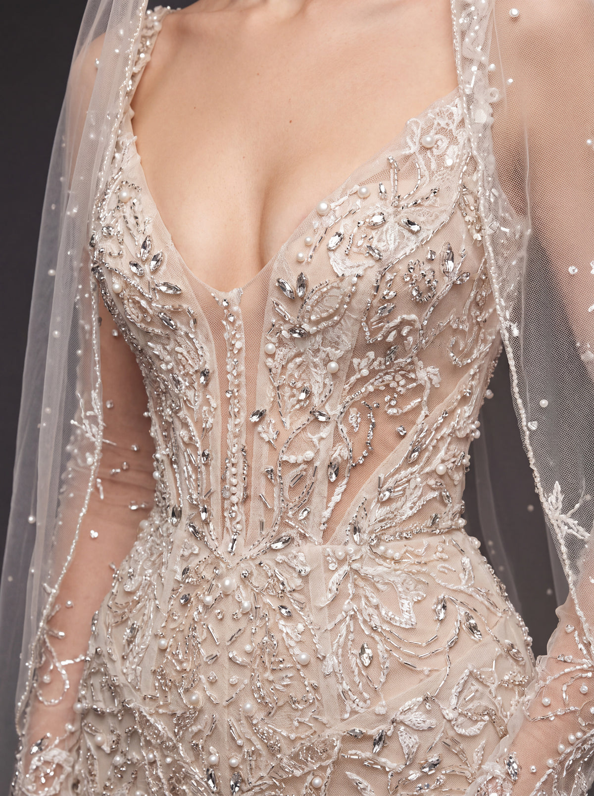 Illusion Corset Bridal Dress with Long Sleeves & Cathedral Veil – Ivory Beaded Mermaid Wedding Gown