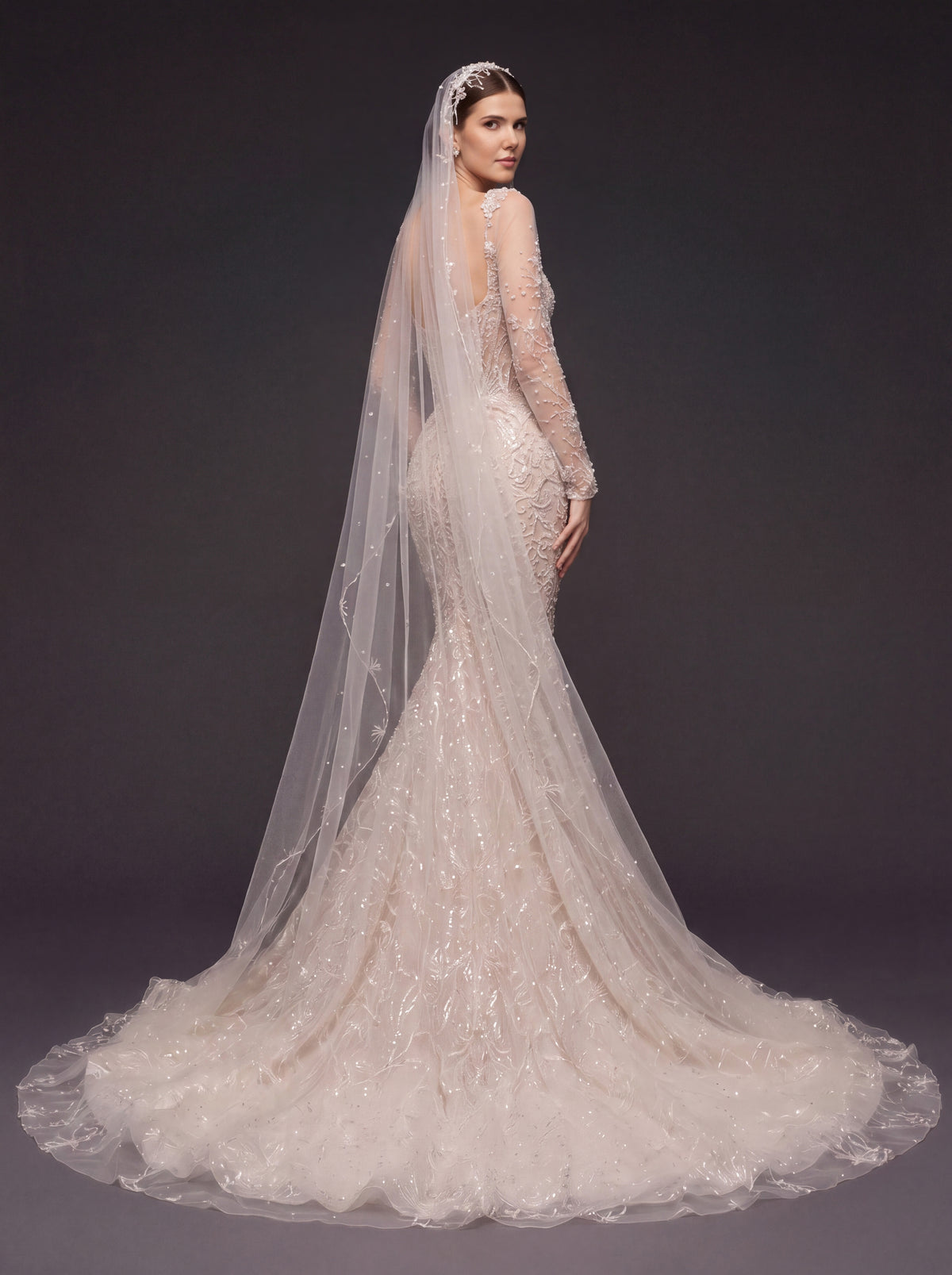 Illusion Corset Bridal Dress with Long Sleeves & Cathedral Veil – Ivory Beaded Mermaid Wedding Gown