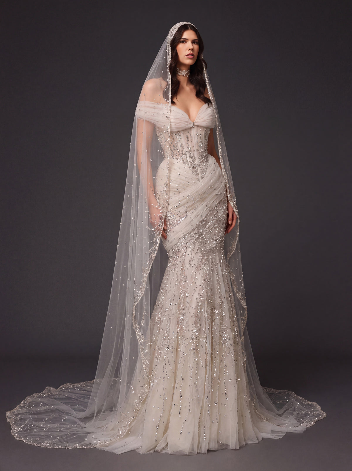 Champagne Tulle Draped Mermaid Bridal Gown – Off-Shoulder Crystal Beaded Corset Wedding Dress with Cathedral Veil