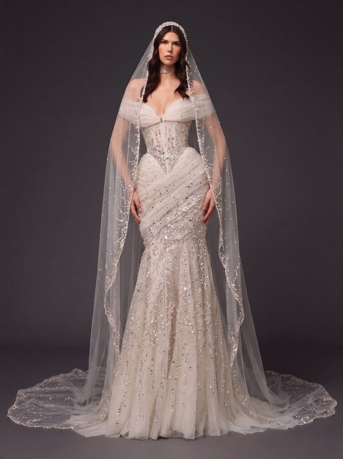 Champagne Tulle Draped Mermaid Bridal Gown – Off-Shoulder Crystal Beaded Corset Wedding Dress with Cathedral Veil