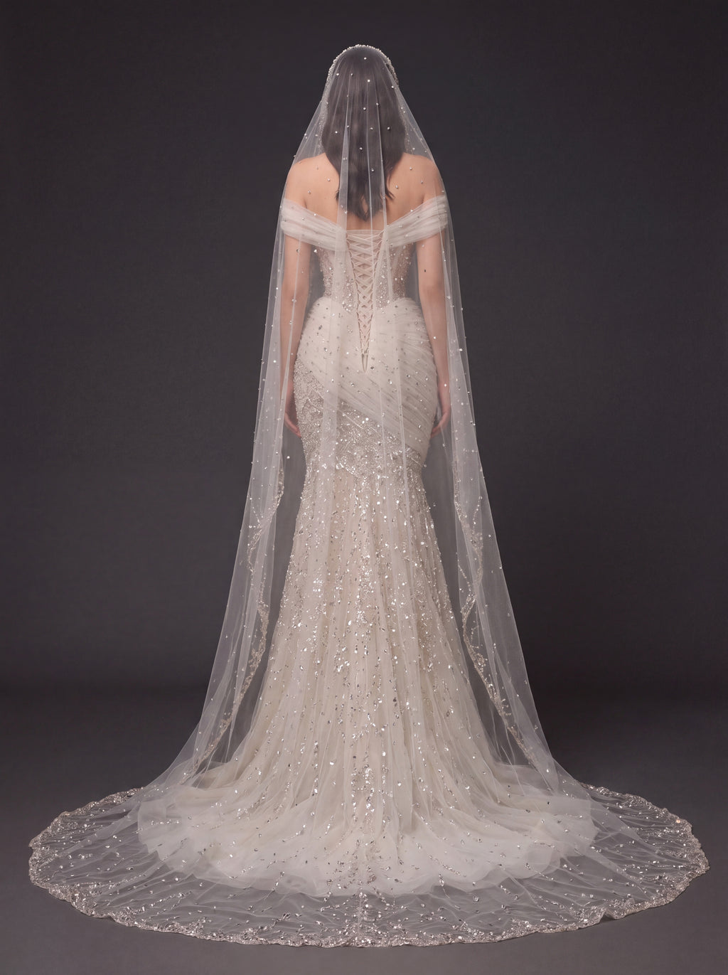 Champagne Tulle Draped Mermaid Bridal Gown – Off-Shoulder Crystal Beaded Corset Wedding Dress with Cathedral Veil