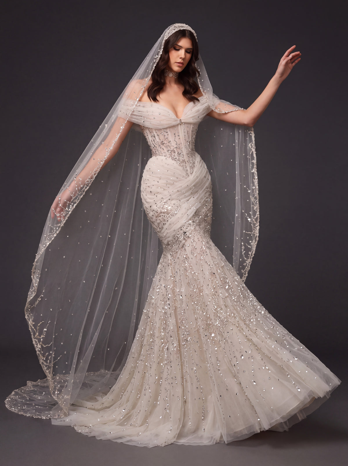Champagne Tulle Draped Mermaid Bridal Gown – Off-Shoulder Crystal Beaded Corset Wedding Dress with Cathedral Veil