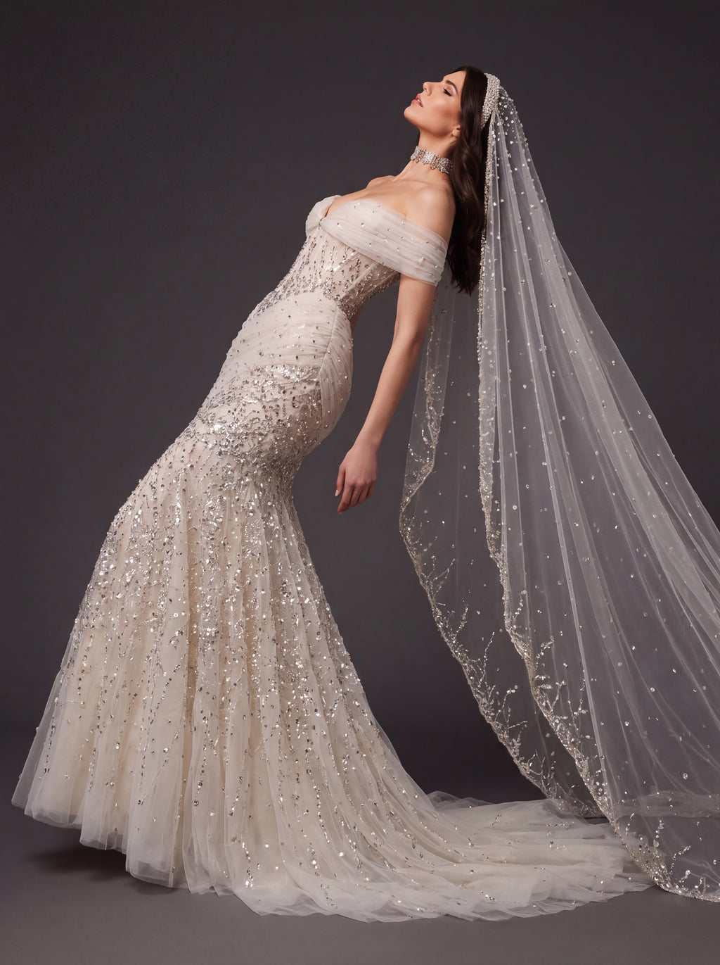 Champagne Tulle Draped Mermaid Bridal Gown – Off-Shoulder Crystal Beaded Corset Wedding Dress with Cathedral Veil