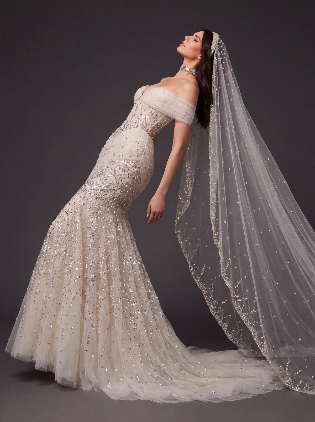 Champagne Tulle Draped Mermaid Bridal Gown – Off-Shoulder Crystal Beaded Corset Wedding Dress with Cathedral Veil