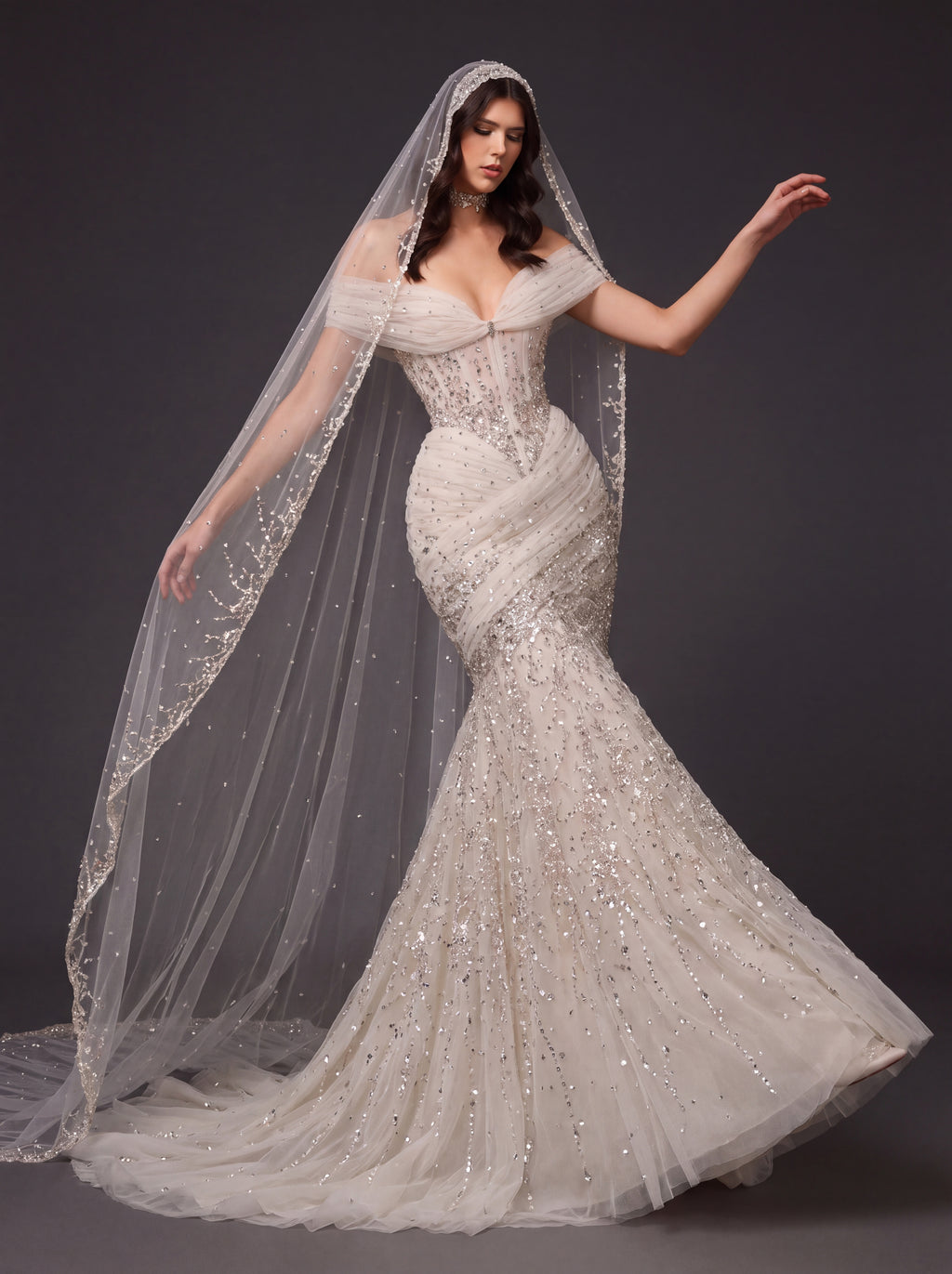 Champagne Tulle Draped Mermaid Bridal Gown – Off-Shoulder Crystal Beaded Corset Wedding Dress with Cathedral Veil