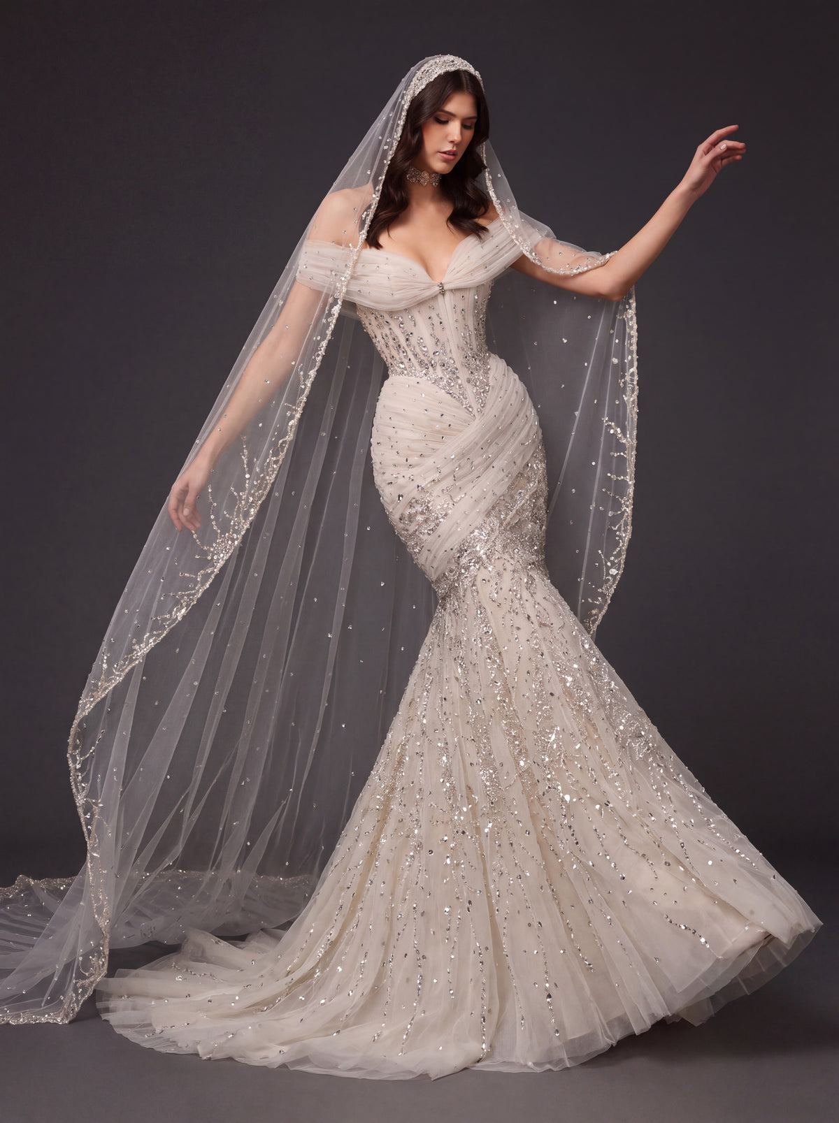 Champagne Tulle Draped Mermaid Bridal Gown – Off-Shoulder Crystal Beaded Corset Wedding Dress with Cathedral Veil