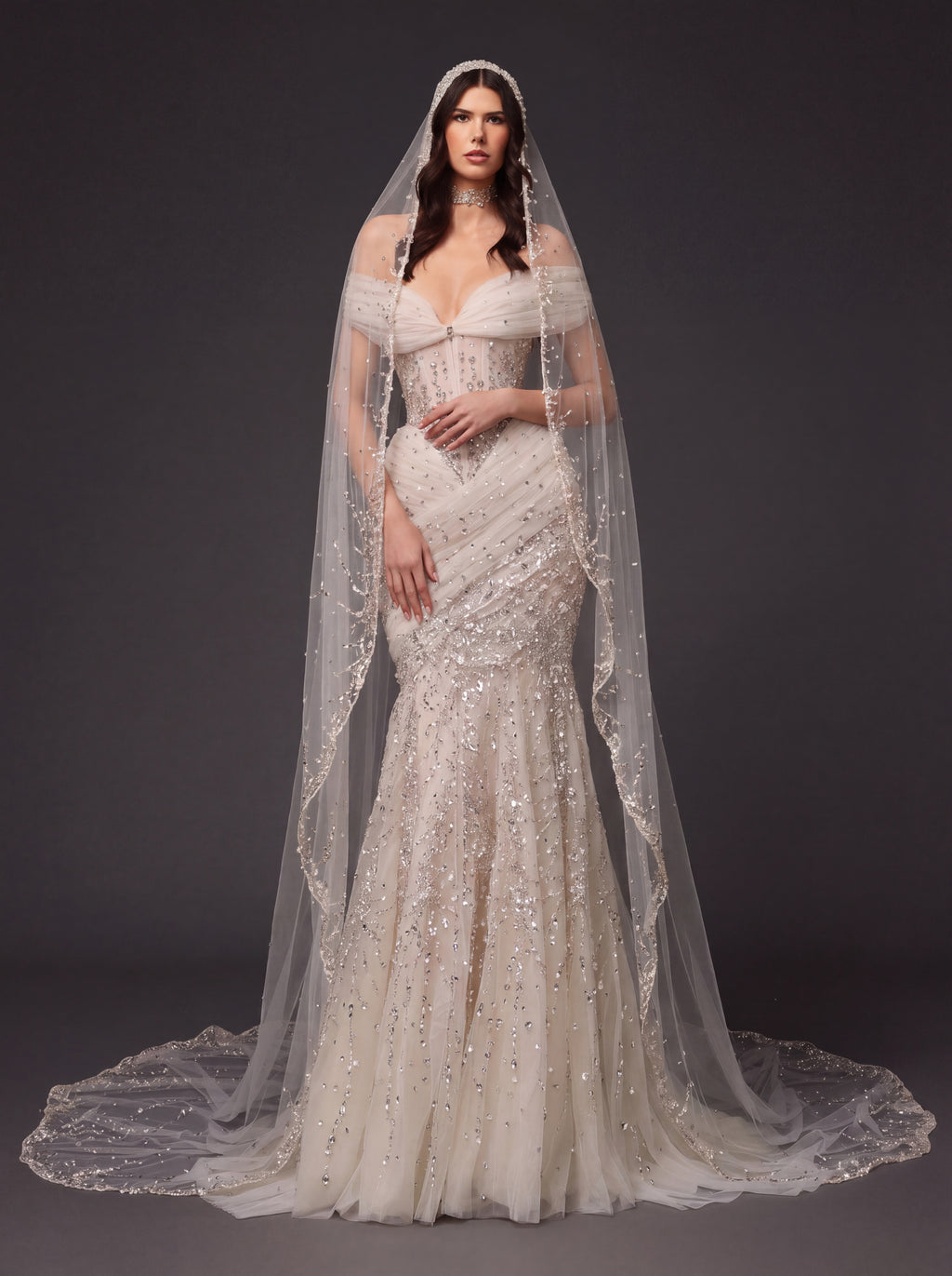 Champagne Tulle Draped Mermaid Bridal Gown – Off-Shoulder Crystal Beaded Corset Wedding Dress with Cathedral Veil