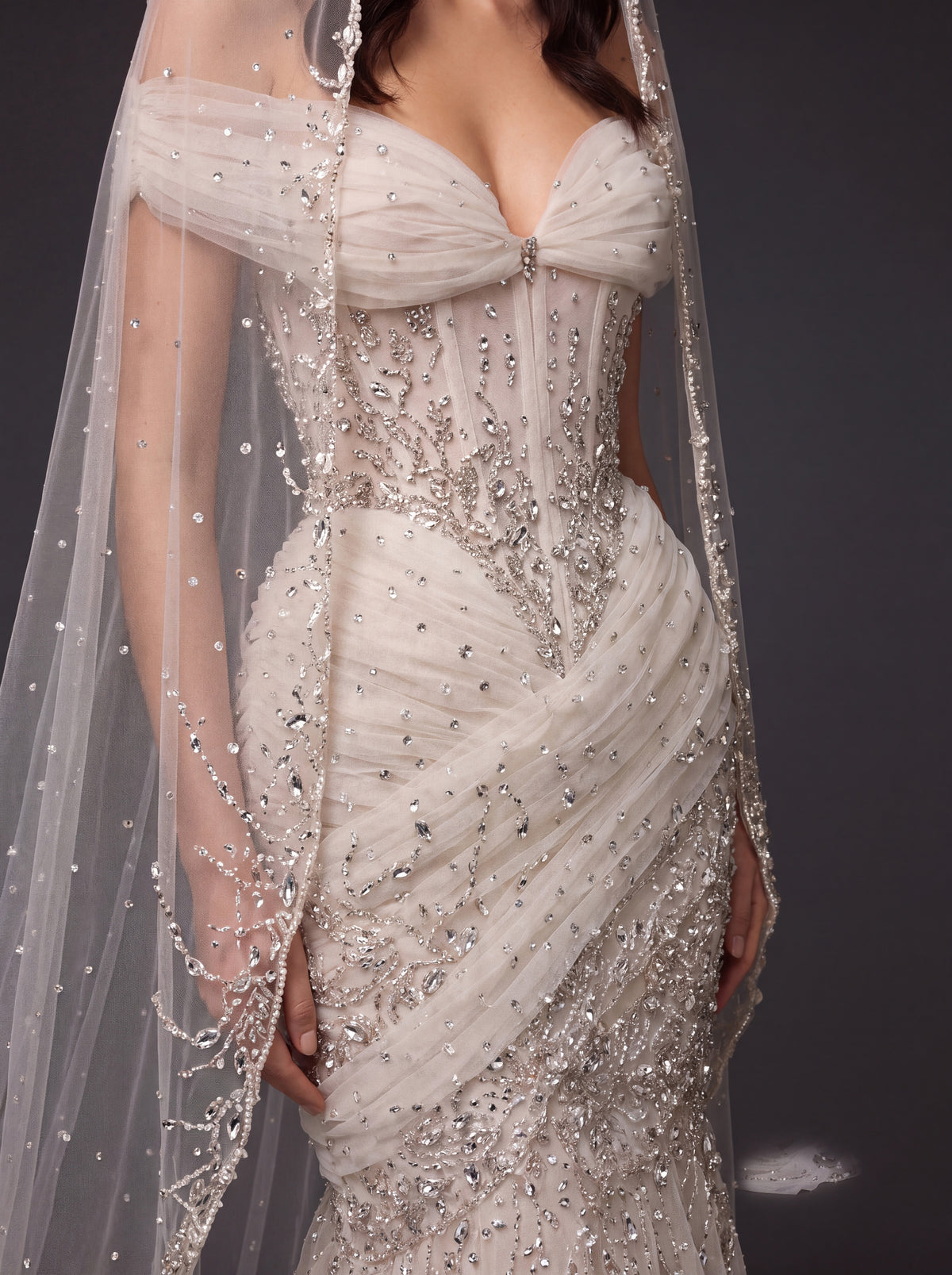 Champagne Tulle Draped Mermaid Bridal Gown – Off-Shoulder Crystal Beaded Corset Wedding Dress with Cathedral Veil