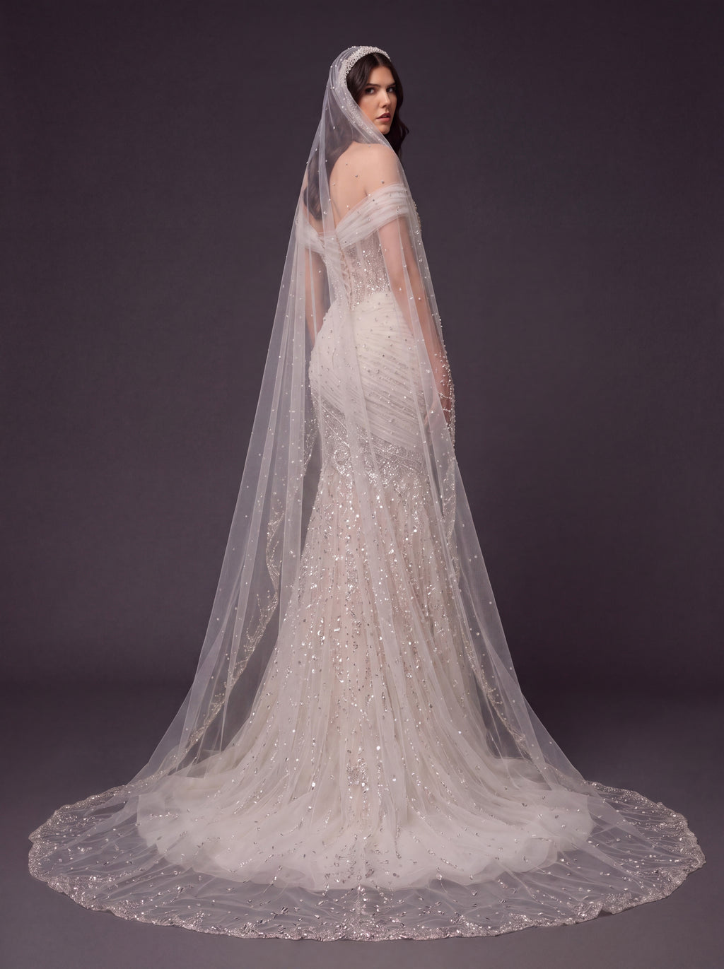 Champagne Tulle Draped Mermaid Bridal Gown – Off-Shoulder Crystal Beaded Corset Wedding Dress with Cathedral Veil