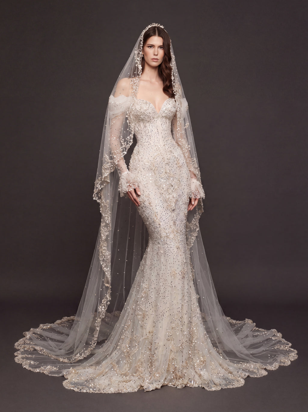 Pearl Floral Appliqué Mermaid Wedding Dress – Off-Shoulder Sweetheart Corset Bridal Gown with Crystal Beading and Cathedral Veil