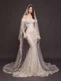 Pearl Floral Appliqué Mermaid Wedding Dress – Off-Shoulder Sweetheart Corset Bridal Gown with Crystal Beading and Cathedral Veil