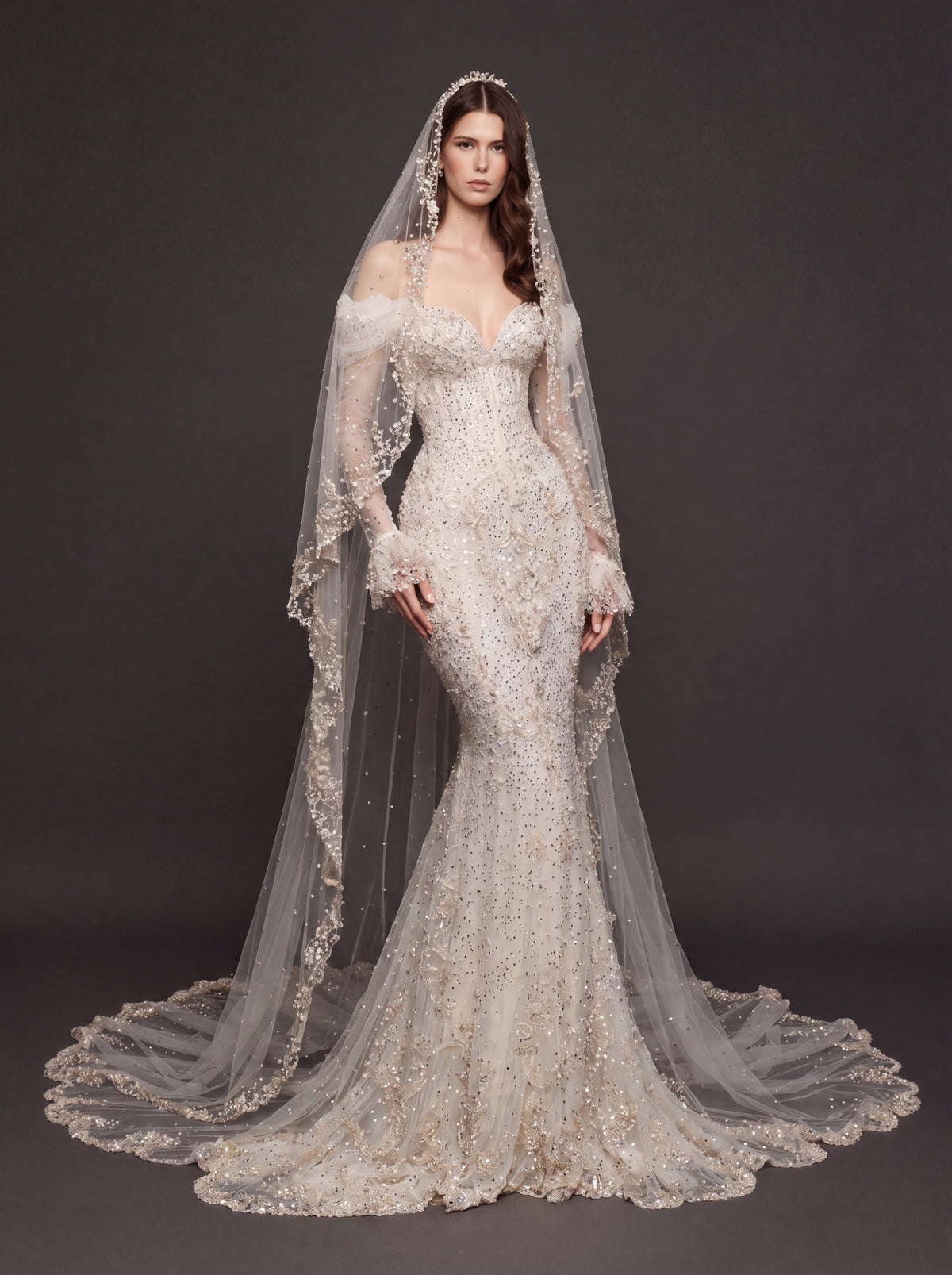 Pearl Floral Appliqué Mermaid Wedding Dress – Off-Shoulder Sweetheart Corset Bridal Gown with Crystal Beading and Cathedral Veil