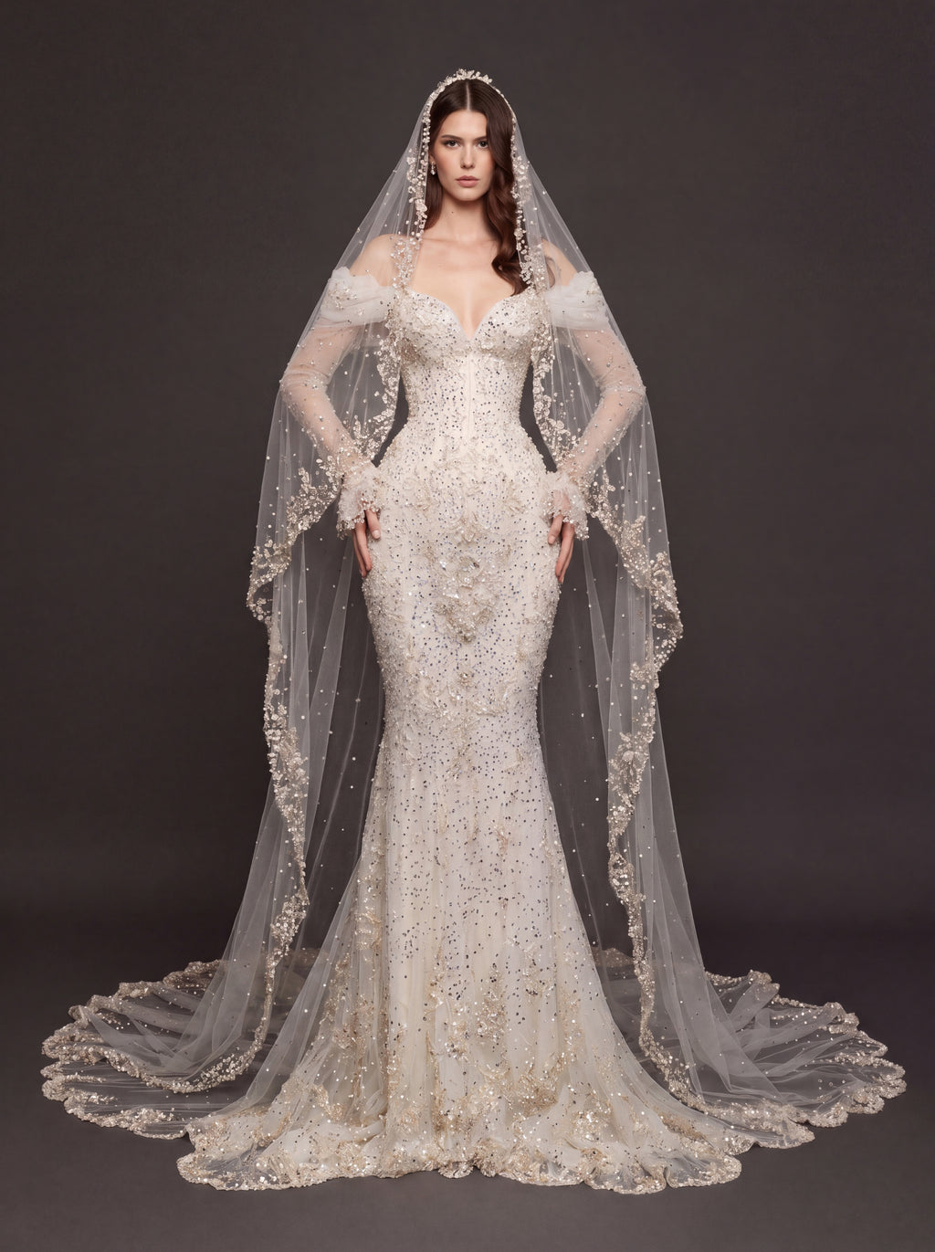 Pearl Floral Appliqué Mermaid Wedding Dress – Off-Shoulder Sweetheart Corset Bridal Gown with Crystal Beading and Cathedral Veil