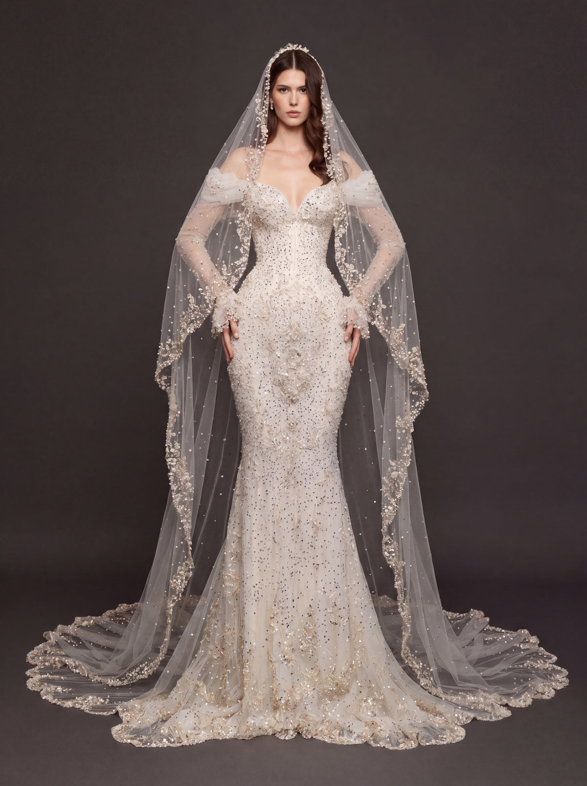 Pearl Floral Appliqué Mermaid Wedding Dress – Off-Shoulder Sweetheart Corset Bridal Gown with Crystal Beading and Cathedral Veil