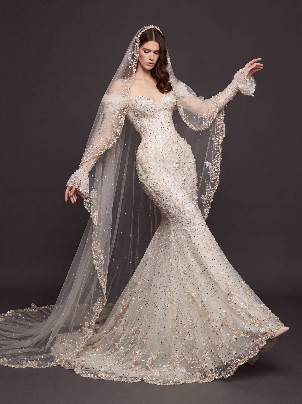 Pearl Floral Appliqué Mermaid Wedding Dress – Off-Shoulder Sweetheart Corset Bridal Gown with Crystal Beading and Cathedral Veil