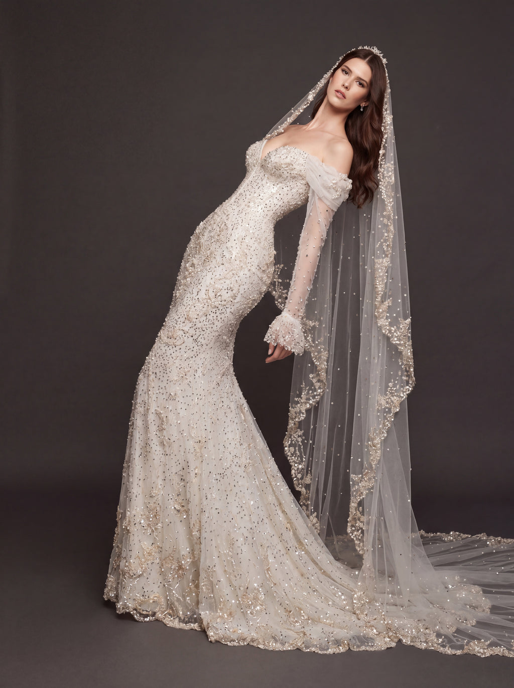 Pearl Floral Appliqué Mermaid Wedding Dress – Off-Shoulder Sweetheart Corset Bridal Gown with Crystal Beading and Cathedral Veil