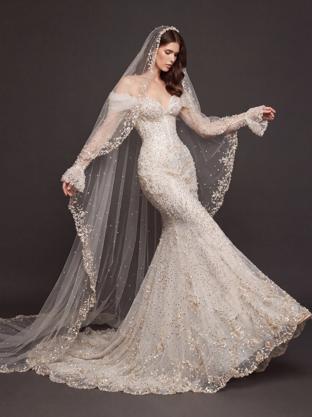 Pearl Floral Appliqué Mermaid Wedding Dress – Off-Shoulder Sweetheart Corset Bridal Gown with Crystal Beading and Cathedral Veil