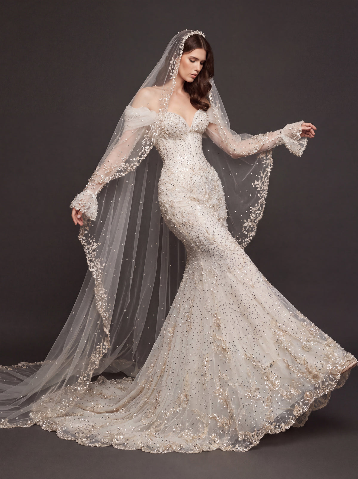 Pearl Floral Appliqué Mermaid Wedding Dress – Off-Shoulder Sweetheart Corset Bridal Gown with Crystal Beading and Cathedral Veil