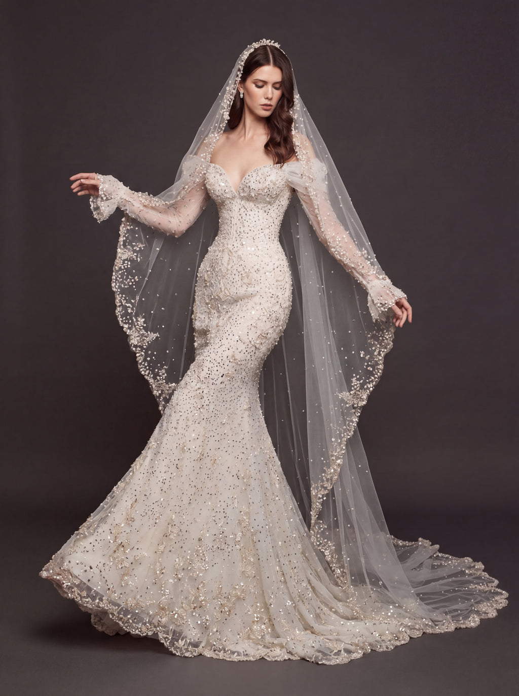 Pearl Floral Appliqué Mermaid Wedding Dress – Off-Shoulder Sweetheart Corset Bridal Gown with Crystal Beading and Cathedral Veil