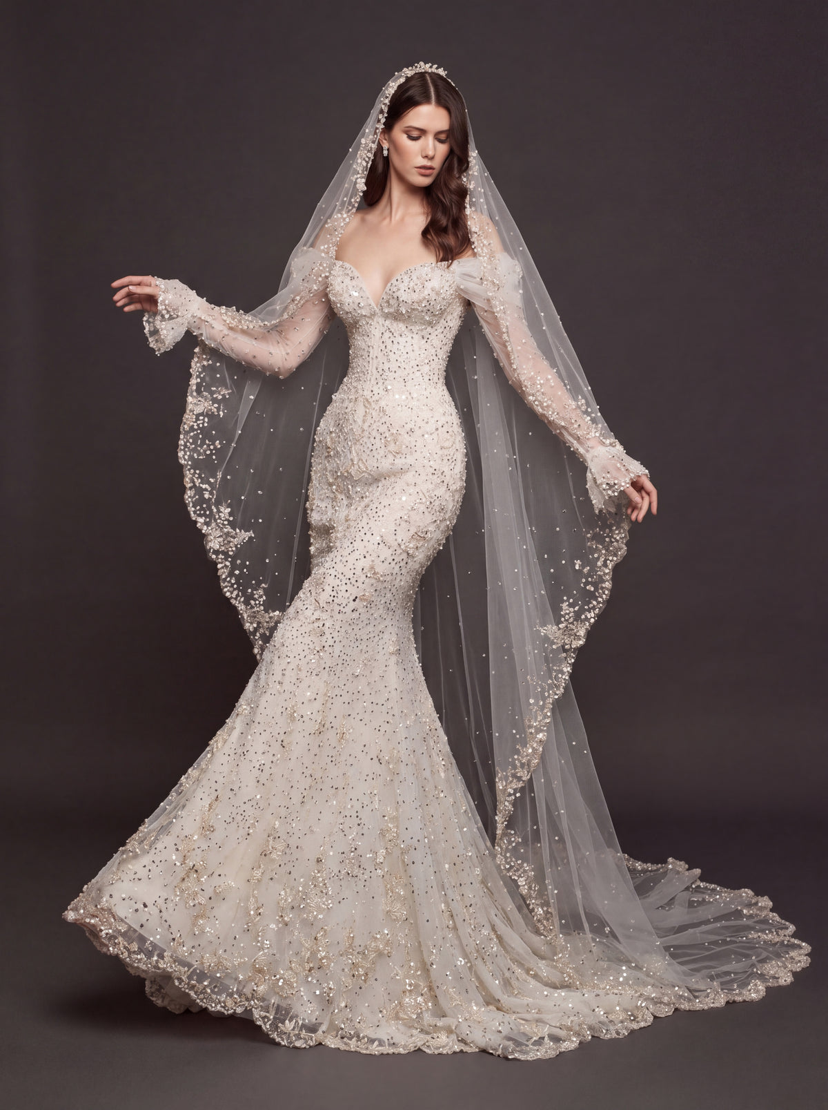 Pearl Floral Appliqué Mermaid Wedding Dress – Off-Shoulder Sweetheart Corset Bridal Gown with Crystal Beading and Cathedral Veil