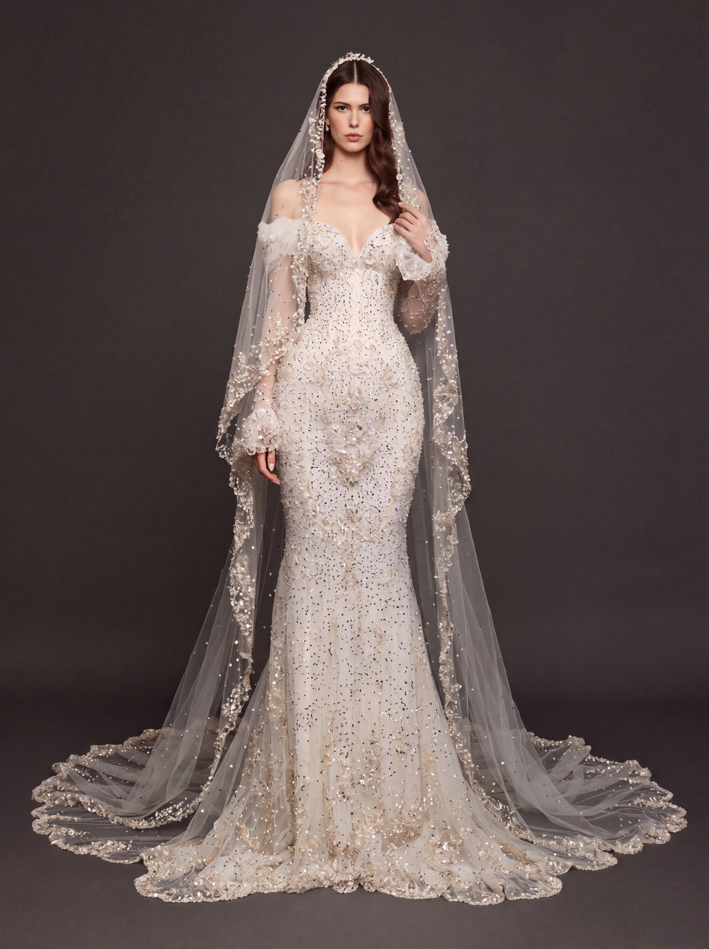 Pearl Floral Appliqué Mermaid Wedding Dress – Off-Shoulder Sweetheart Corset Bridal Gown with Crystal Beading and Cathedral Veil