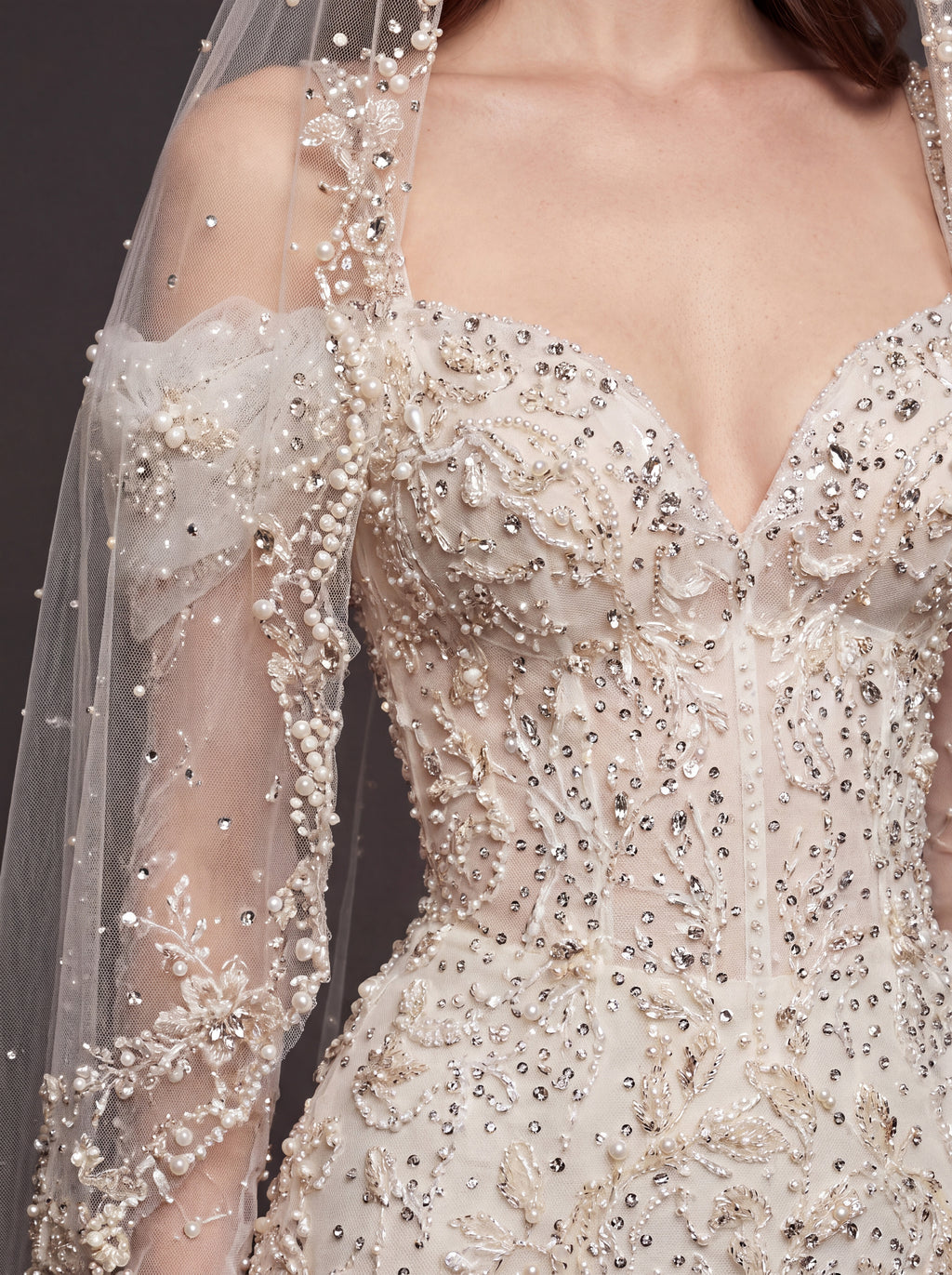 Pearl Floral Appliqué Mermaid Wedding Dress – Off-Shoulder Sweetheart Corset Bridal Gown with Crystal Beading and Cathedral Veil