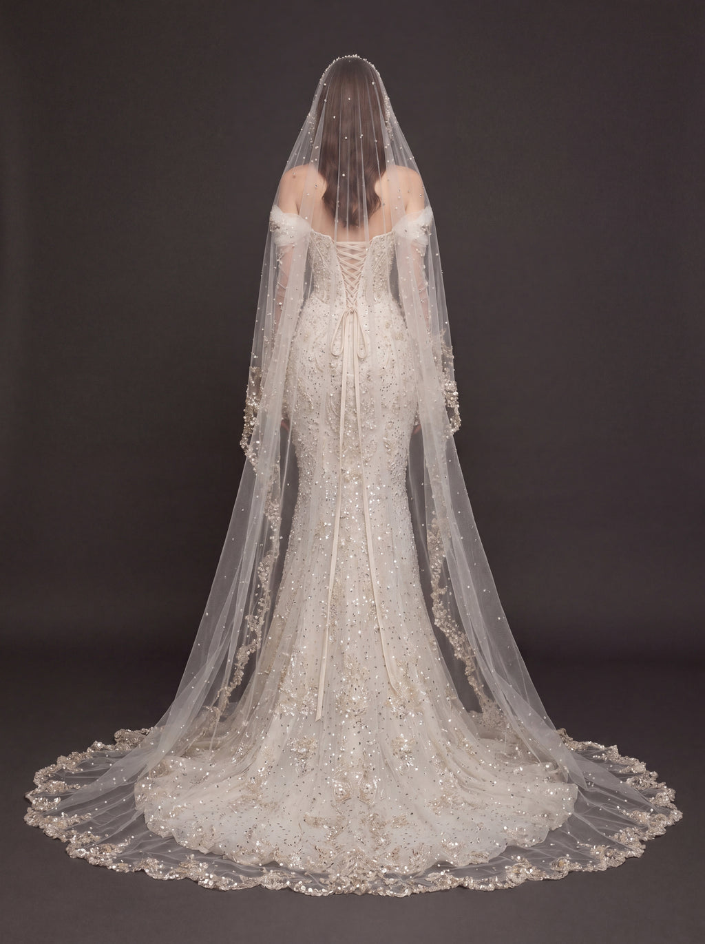 Pearl Floral Appliqué Mermaid Wedding Dress – Off-Shoulder Sweetheart Corset Bridal Gown with Crystal Beading and Cathedral Veil