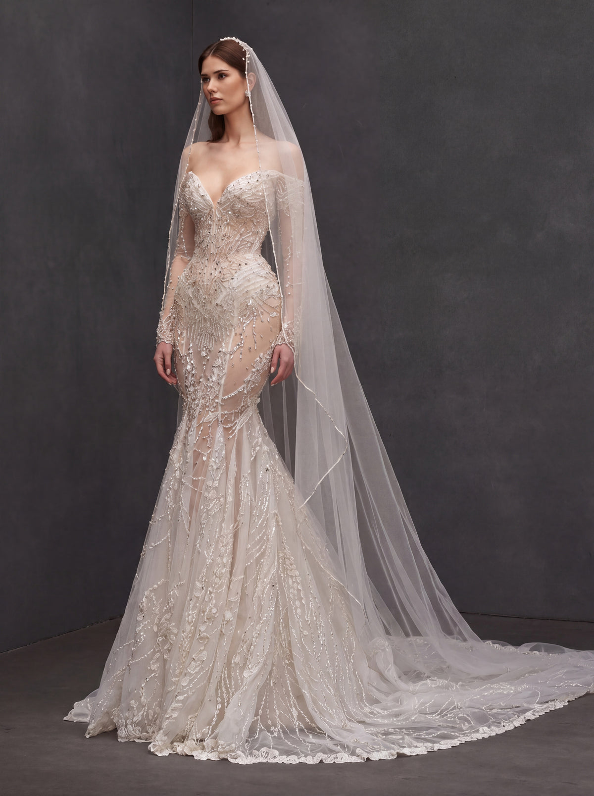 Champagne Illusion Lace Mermaid Wedding Dress – Off-Shoulder Crystal Embroidered Corset Bridal Gown with Sheer Sleeves and Cathedral Veil