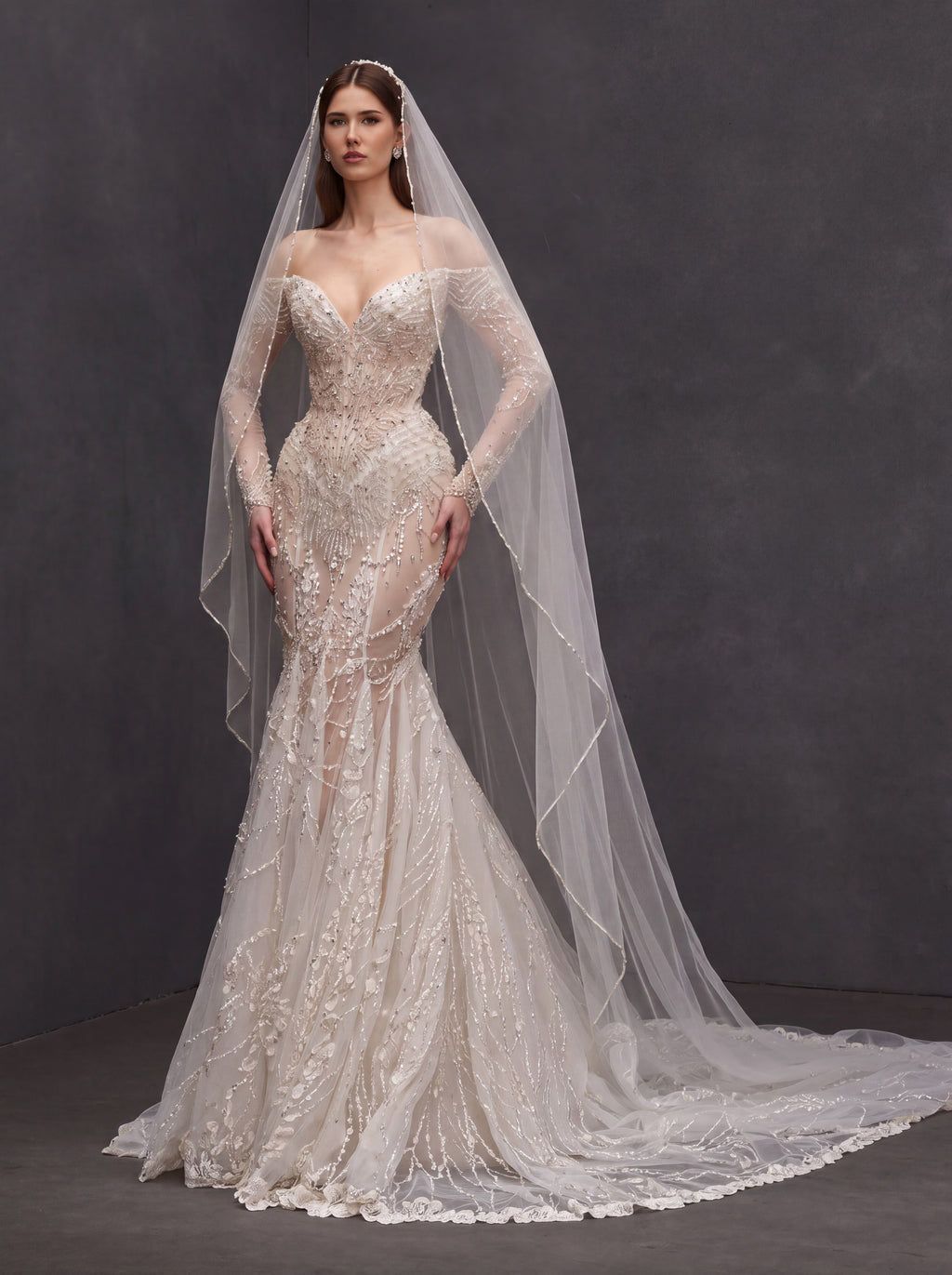 Champagne Illusion Lace Mermaid Wedding Dress – Off-Shoulder Crystal Embroidered Corset Bridal Gown with Sheer Sleeves and Cathedral Veil