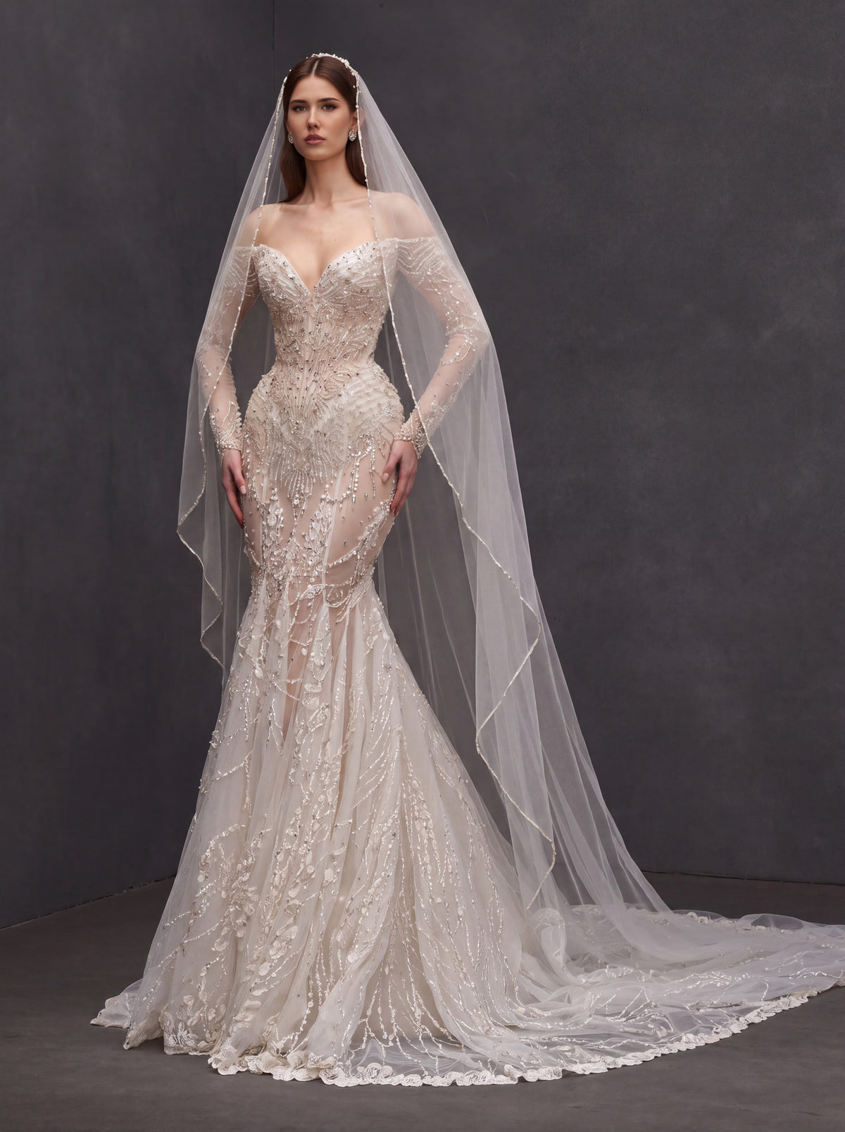 Champagne Illusion Lace Mermaid Wedding Dress – Off-Shoulder Crystal Embroidered Corset Bridal Gown with Sheer Sleeves and Cathedral Veil