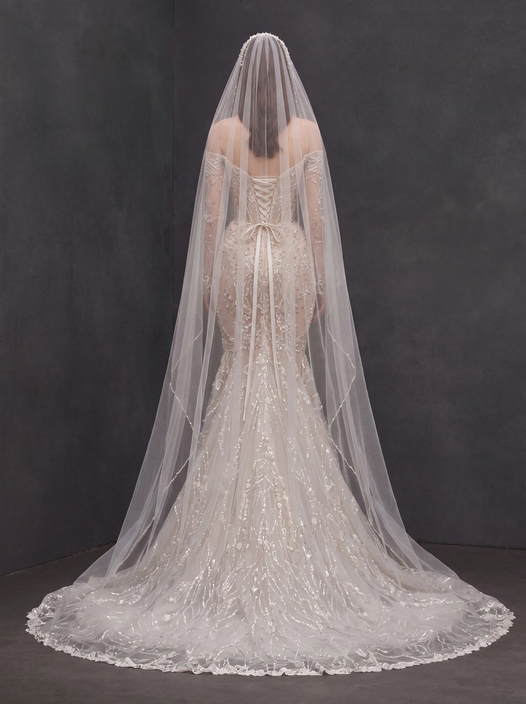 Champagne Illusion Lace Mermaid Wedding Dress – Off-Shoulder Crystal Embroidered Corset Bridal Gown with Sheer Sleeves and Cathedral Veil