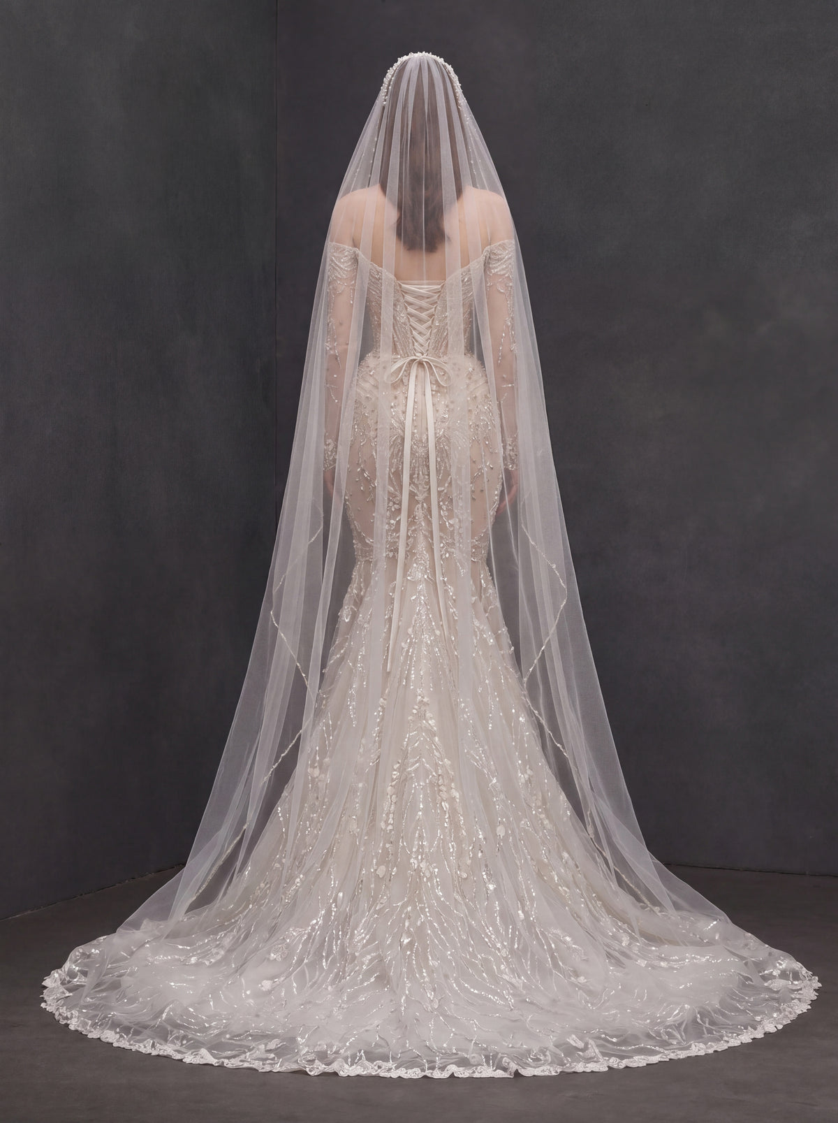 Champagne Illusion Lace Mermaid Wedding Dress – Off-Shoulder Crystal Embroidered Corset Bridal Gown with Sheer Sleeves and Cathedral Veil
