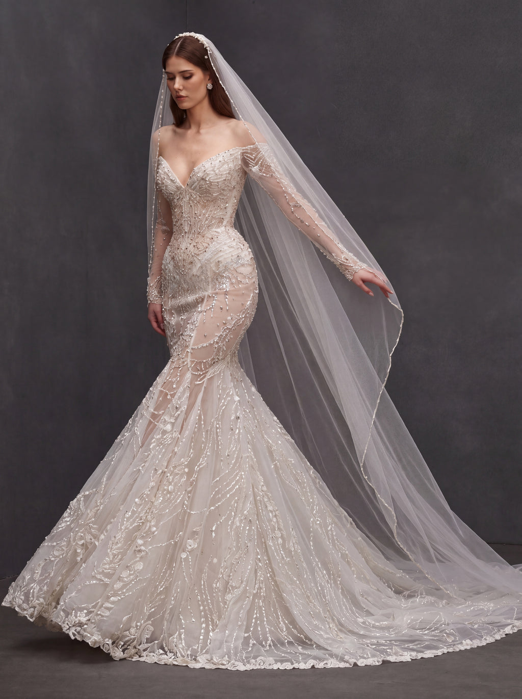 Champagne Illusion Lace Mermaid Wedding Dress – Off-Shoulder Crystal Embroidered Corset Bridal Gown with Sheer Sleeves and Cathedral Veil