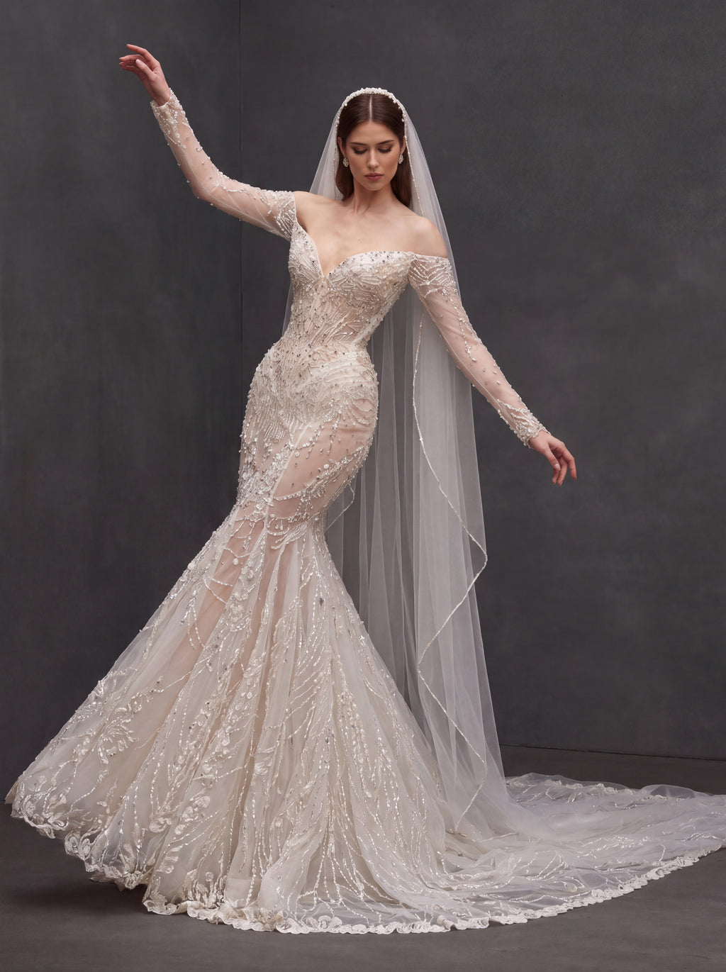 Champagne Illusion Lace Mermaid Wedding Dress – Off-Shoulder Crystal Embroidered Corset Bridal Gown with Sheer Sleeves and Cathedral Veil