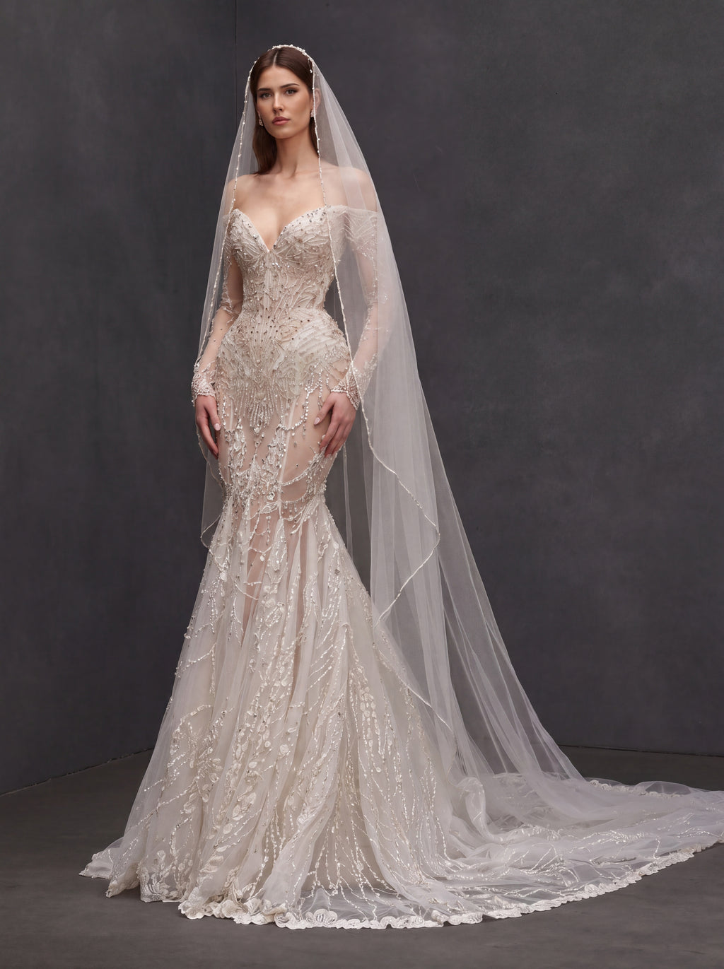 Champagne Illusion Lace Mermaid Wedding Dress – Off-Shoulder Crystal Embroidered Corset Bridal Gown with Sheer Sleeves and Cathedral Veil