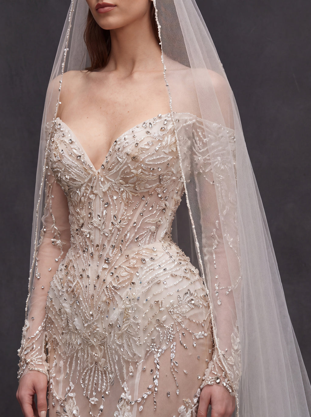 Champagne Illusion Lace Mermaid Wedding Dress – Off-Shoulder Crystal Embroidered Corset Bridal Gown with Sheer Sleeves and Cathedral Veil