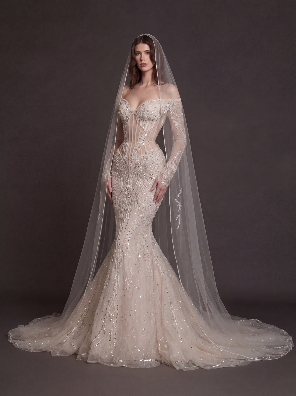 Nude Illusion Corset Mermaid Wedding Dress – Off-Shoulder Crystal Embroidered Bridal Gown with Sheer Long Sleeves and Cathedral Veil